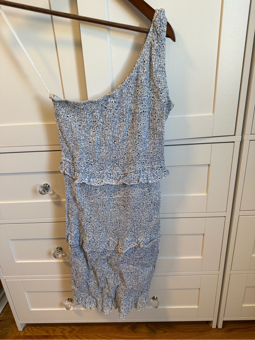 One-Shoulder Blue Floral Smocked Mini Dress